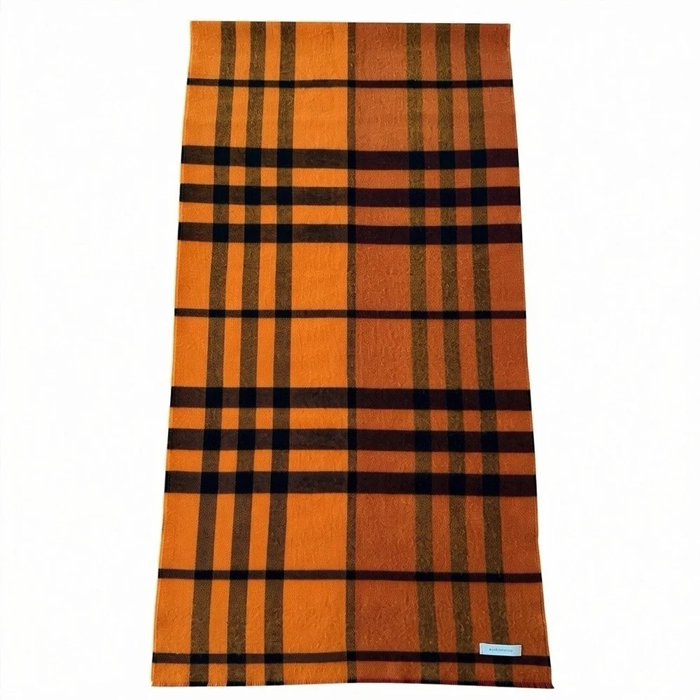 Burberry Cashmere Scarf Orange Plaid Nova Check Fringe Scotland Old Money Luxury - Picture 3 of 5